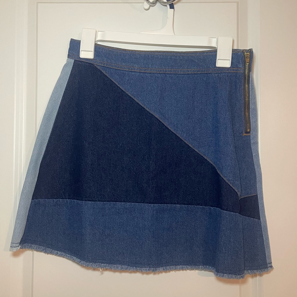 Women’s Life in Progress Denim A-line Patchwork Mini Skirt w/Side Zip Sz M 70’s